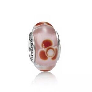 Authentic Pandora Retired Pink/Red Flowers For You Murano Glass Charm 925Ale